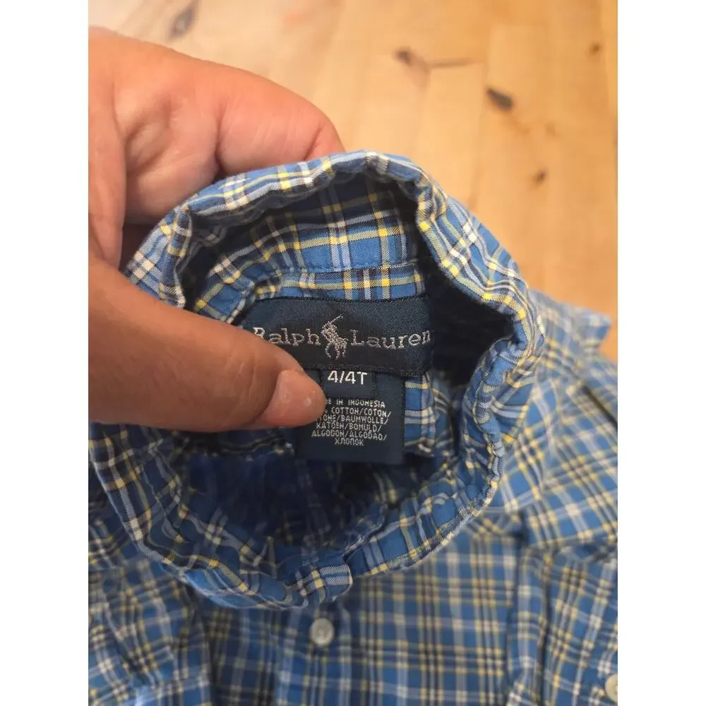 Ralph Lauren Toddler Boys Size 4T Blue Yellow Plaid Button Down Shirt EUC